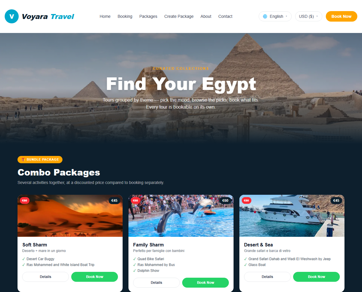 Voyara Travel packages page with Egypt tours and booking options